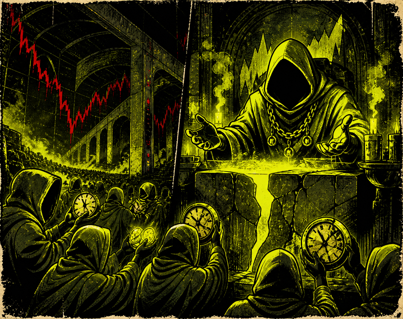 Hooded followers approach an oracle at a glowing altar