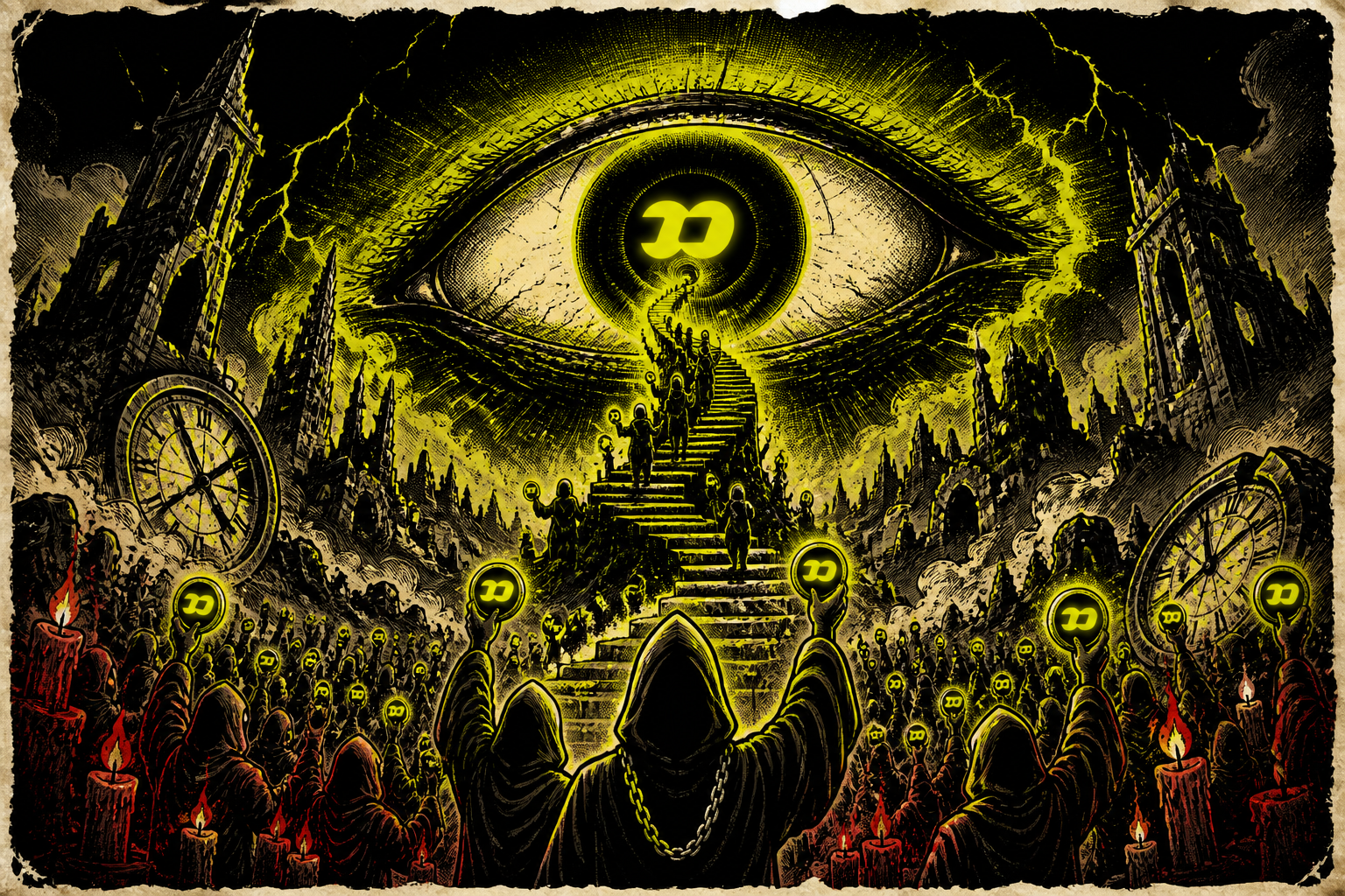 A vast congregation climbs a staircase into a colossal cosmic eye
