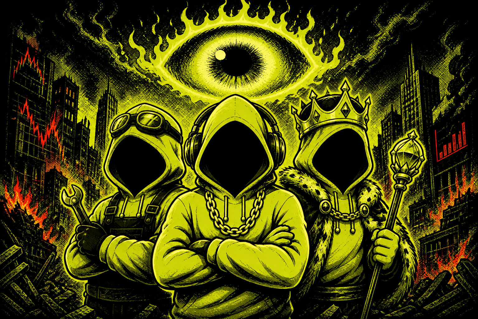 Three anonymous hooded cult figures beneath a blazing eye