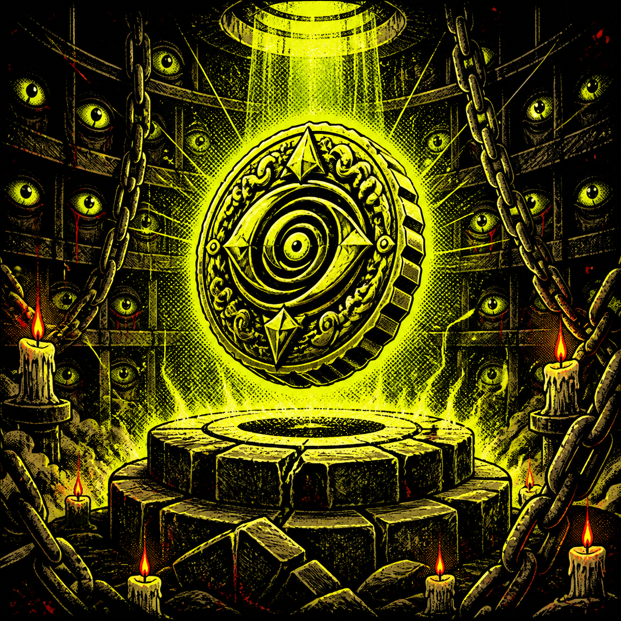 A glowing eye-shaped coin relic floats above a cracked pedestal