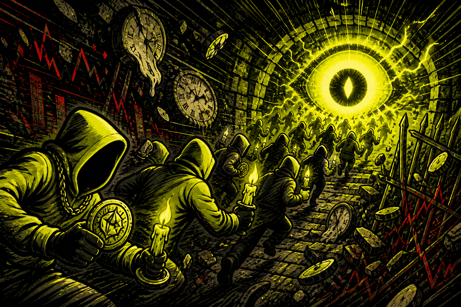 A crowd of hooded followers rushes toward a glowing eye portal