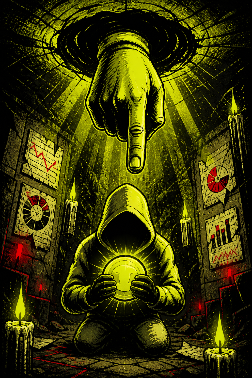 A giant hand points toward a hooded follower holding a glowing relic